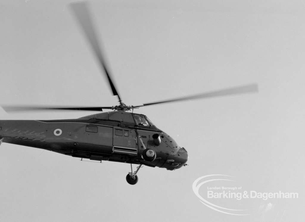 The Duke of Edinburgh’s visit to Cambell School, Langley Crescent, Dagenham, showing helicopter approaching, 1970