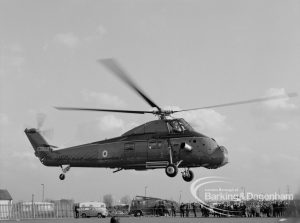 The Duke of Edinburgh’s visit to Cambell School, Langley Crescent, Dagenham, showing helicopter about to land, 1970