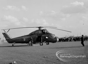 The Duke of Edinburgh’s visit to Cambell School, Langley Crescent, Dagenham, showing helicopter on ground at Castle Green with passengers leaving, 1970