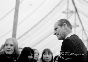 The Duke of Edinburgh’s visit to Cambell School, Langley Crescent, Dagenham, showing the Duke with visitors, 1970