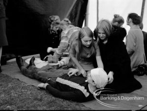 The Duke of Edinburgh’s visit to Cambell School, Langley Crescent, Dagenham, showing girls demonstrating first aid, 1970