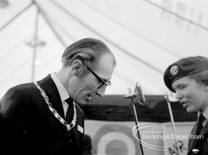 The Duke of Edinburgh’s visit to Cambell School, Langley Crescent, Dagenham, showing Mayor Councillor Vic Rusha inspecting exhibit, 1970