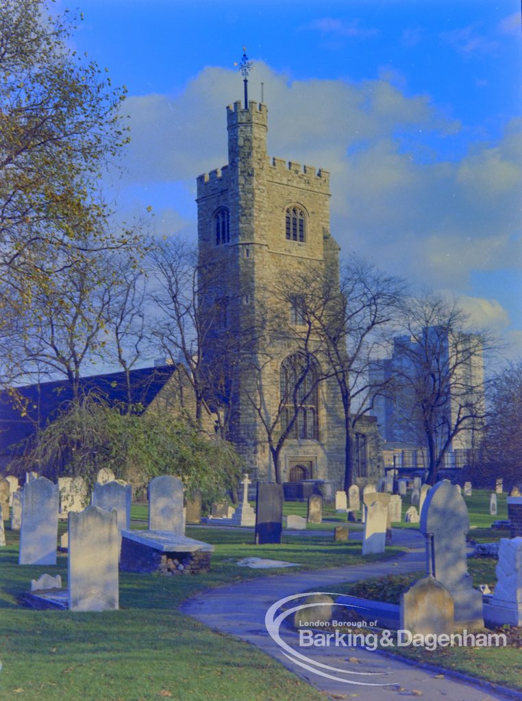 St Margaret’s Parish Church, Barking, from Churchyard to south, 1970