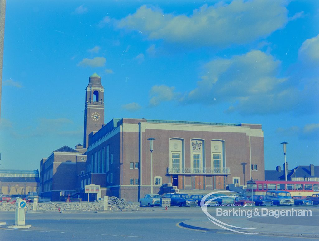 The Assembly Hall, Barking and Town Hall behind from Green opposite, 1970
