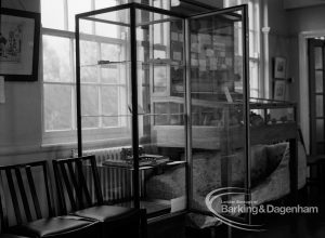 Valence House, Dagenham break-in and robbery of Museum exhibits, showing tall glass showcases emptied, 1970