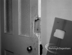 Valence House, Dagenham break-in and robbery of Museum exhibits, showing an old door with the lock forced off, 1970