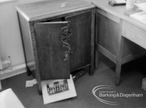 Valence House, Dagenham break-in and robbery of Museum exhibits, showing view from above of cabinet, 1970
