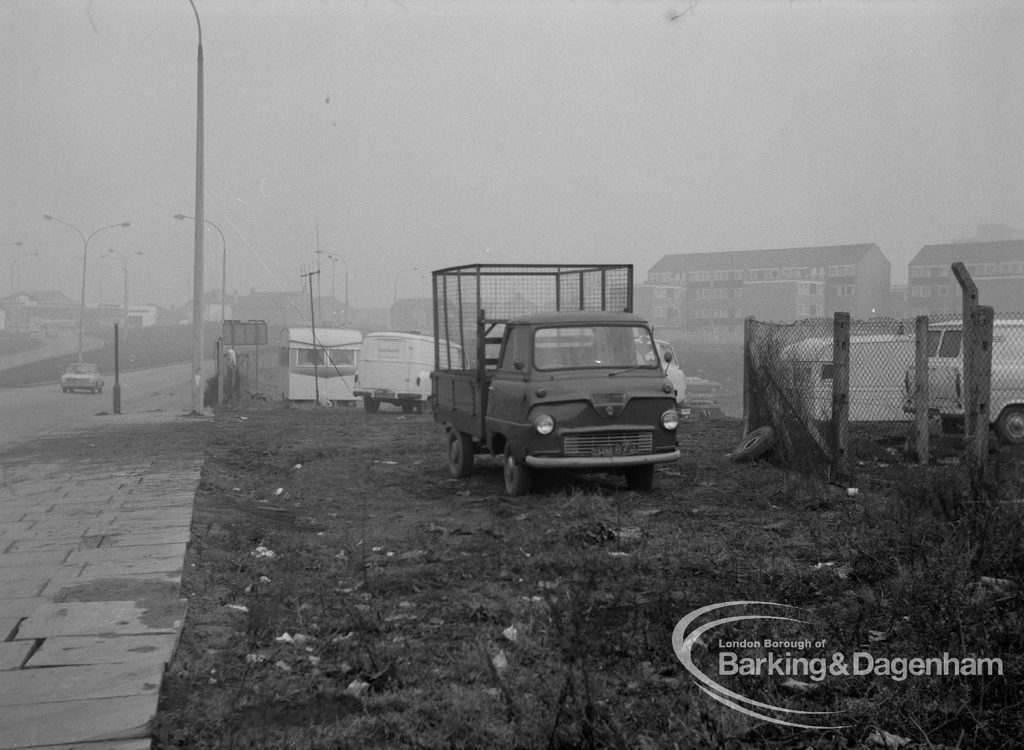 Gypsy encampment, showing caravans and other vehicles on verge of Ballards Road, Dagenham, 1970