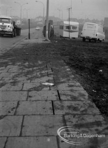 Gypsy encampment, showing damage to pavement through lorries crossing into road, 1970