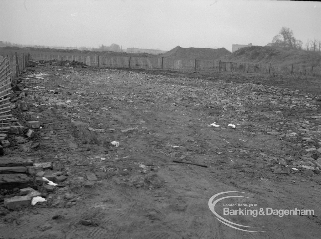 Gypsy encampment, showing temporary ‘permanent’ site prepared for fifteen caravans near The Chase, Dagenham, with view of site looking south, 1970