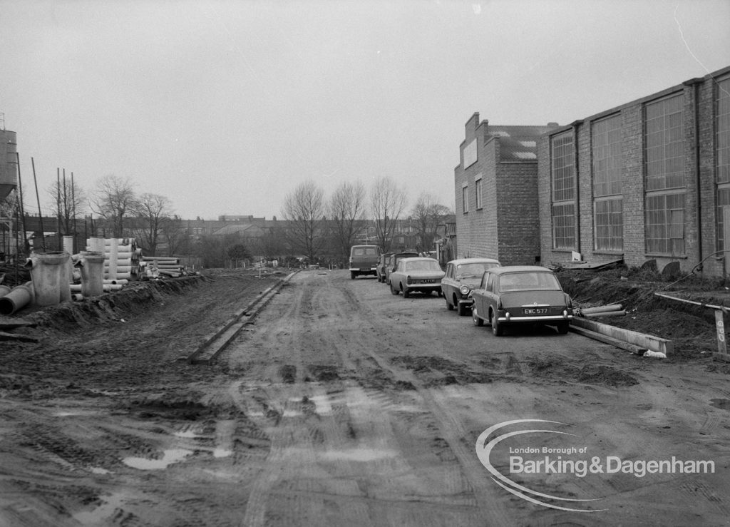 Dagenham old village housing development, showing new service road off Rainham Road South looking west, 1971