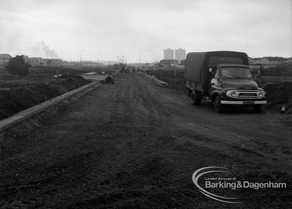 Dagenham old village housing development, showing near roadways, 1971