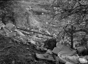 Gypsy encampment, showing rubbish strewn about hedge after gypsies left in February, 1971