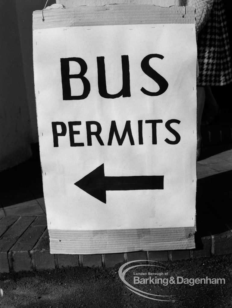 Welfare, with the introduction of bus permits for certain elderly people, showing Bus Permits notice, 1971