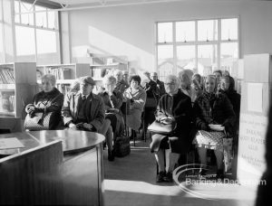 Welfare, with the introduction of bus permits for certain elderly people, showing people sitting and waiting their turn during first day of issue, 1971