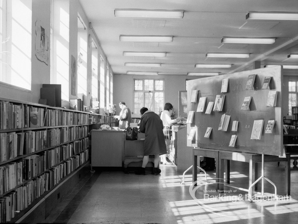 Rectory Library, Dagenham, showing book jacket display in adult section, 1971