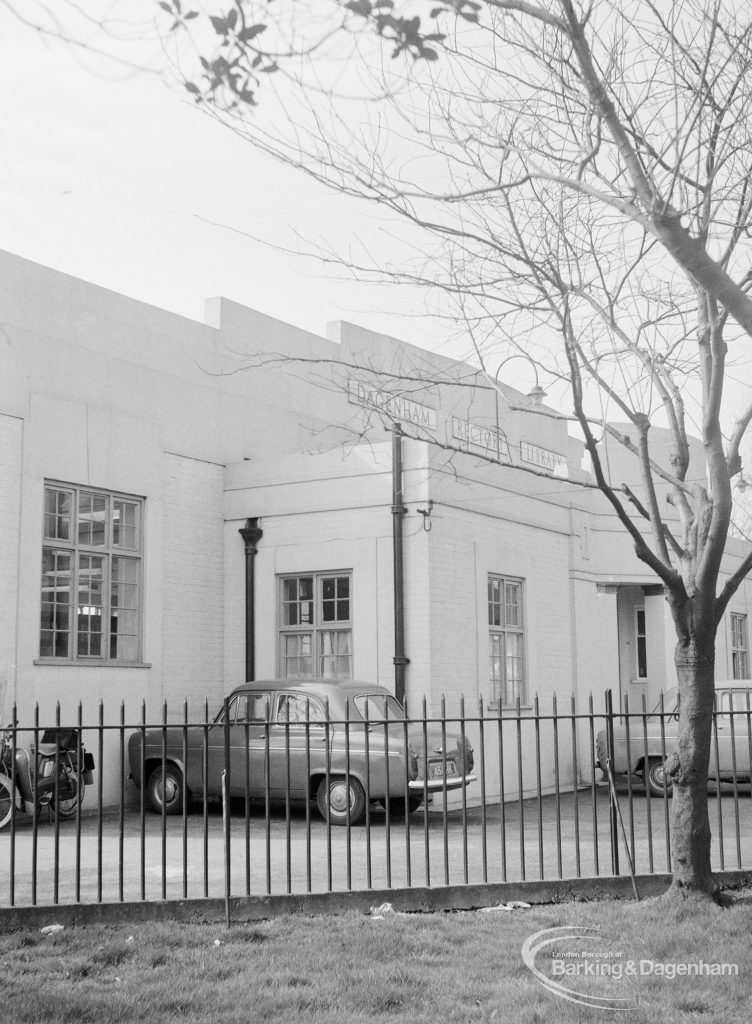 Rectory Library, Dagenham, showing exterior view of work room and cars, taken from Old Dagenham Park, 1971