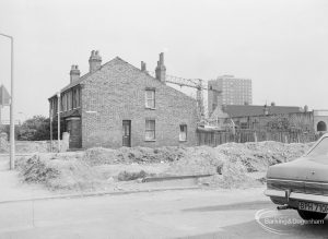 Housing redevelopment, showing undemolished east corner of Rectory Road, Dagenham, 1971