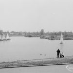 Mayesbrook Park, Dagenham, showing sailing yachts and people standing on bank, 1971