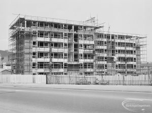 Housing development, showing the construction of a block of flats on the corner of Lodge Avenue and Porters Avenue, Dagenham, 1971