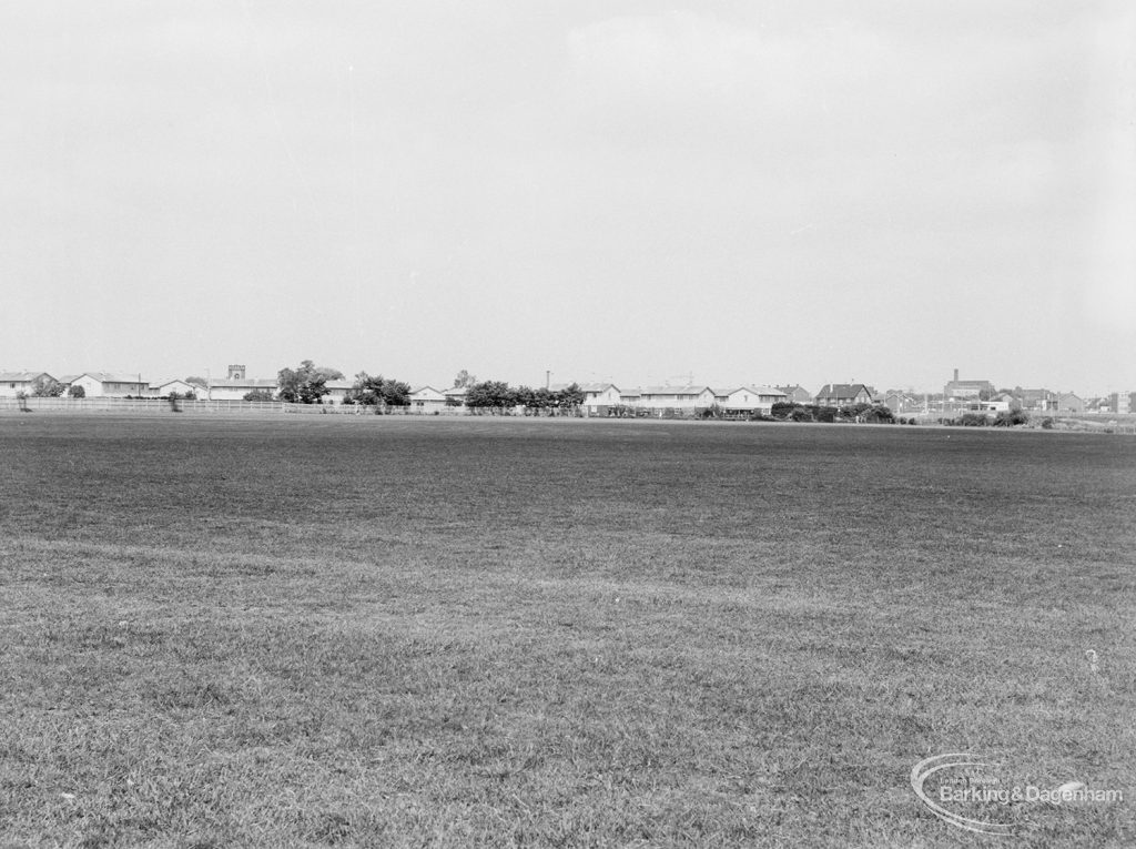 Undeveloped land at The Leys, Dagenham, showing recreation field looking east, 1971
