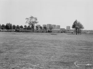 Undeveloped land at The Leys, Dagenham, showing view across fields towards tower blocks, 1971