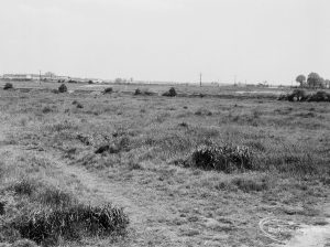 Undeveloped land at The Leys, Dagenham, showing rough field across stream looking south-east, 1971