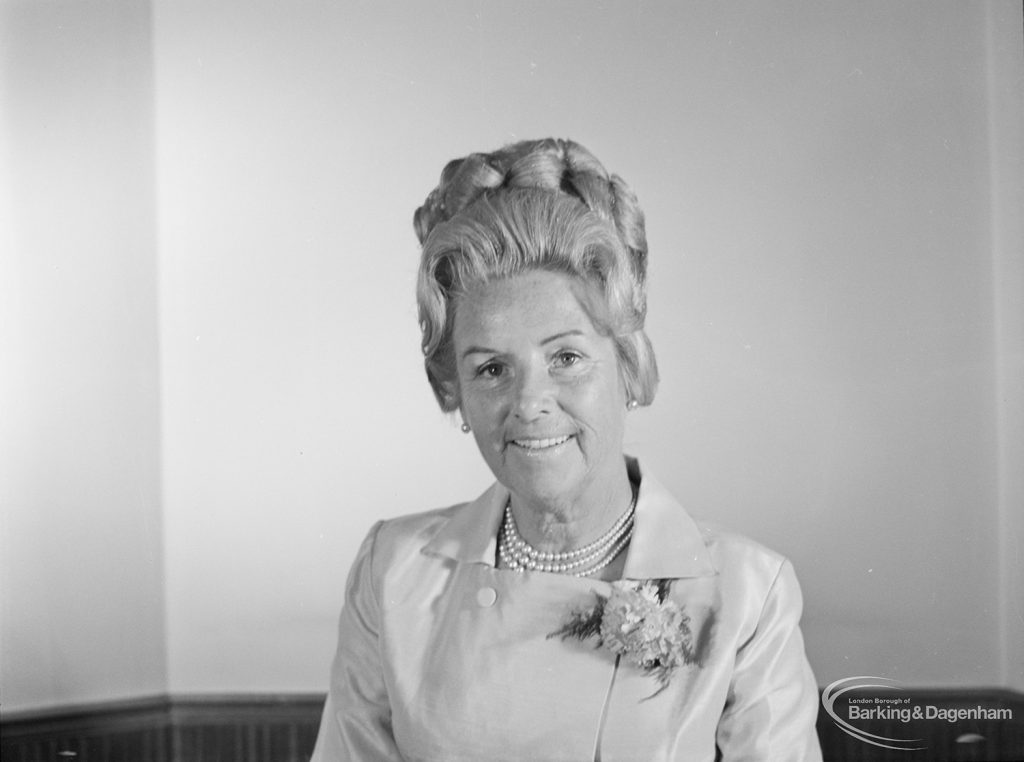 London Borough of Barking Mayor and Corporation members 1971 – 1972 taken at Barking Town Hall, showing Councillor Mrs A Howie, 1971