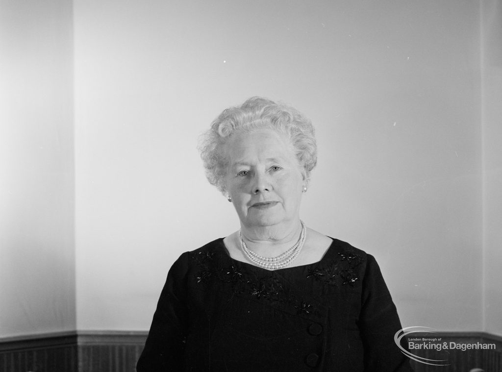 London Borough of Barking Mayor and Corporation members 1971 – 1972 taken at Barking Town Hall, showing Alderman Mrs A M Martin, 1971