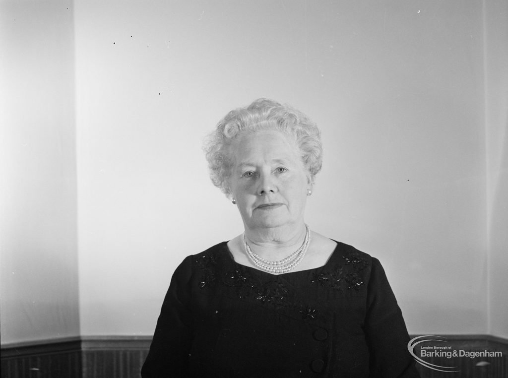 London Borough of Barking Mayor and Corporation members 1971 – 1972 taken at Barking Town Hall, showing Alderman Mrs A M Martin, 1971