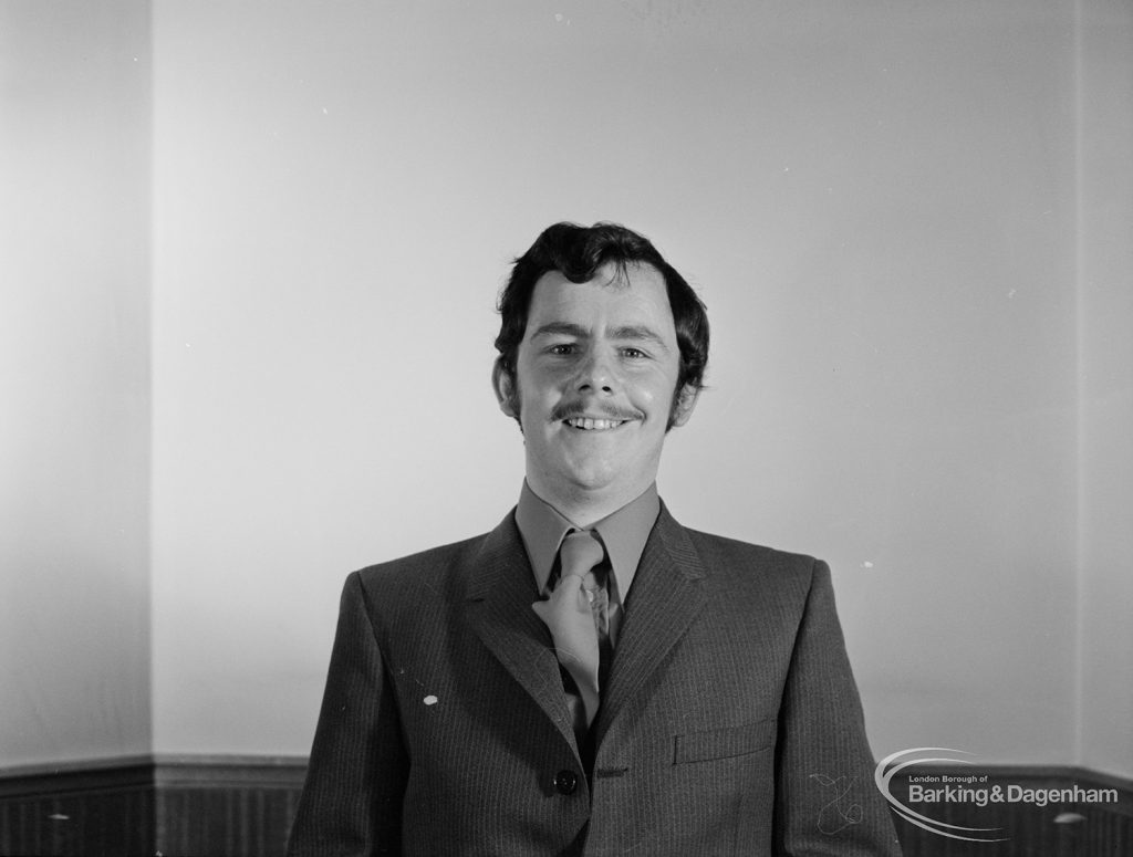 London Borough of Barking Mayor and Corporation members 1971 – 1972 taken at Barking Town Hall, showing Councillor J C Tweed, 1971