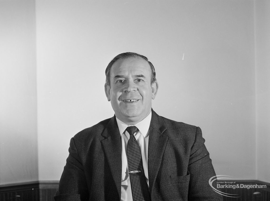 London Borough of Barking Mayor and Corporation members 1971 – 1972 taken at Barking Town Hall, showing Councillor J H Lawrence, 1971