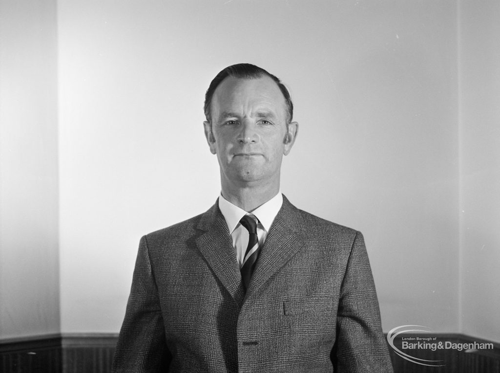 London Borough of Barking Mayor and Corporation members 1971 – 1972 taken at Barking Town Hall, showing Councillor D J Waters, 1971