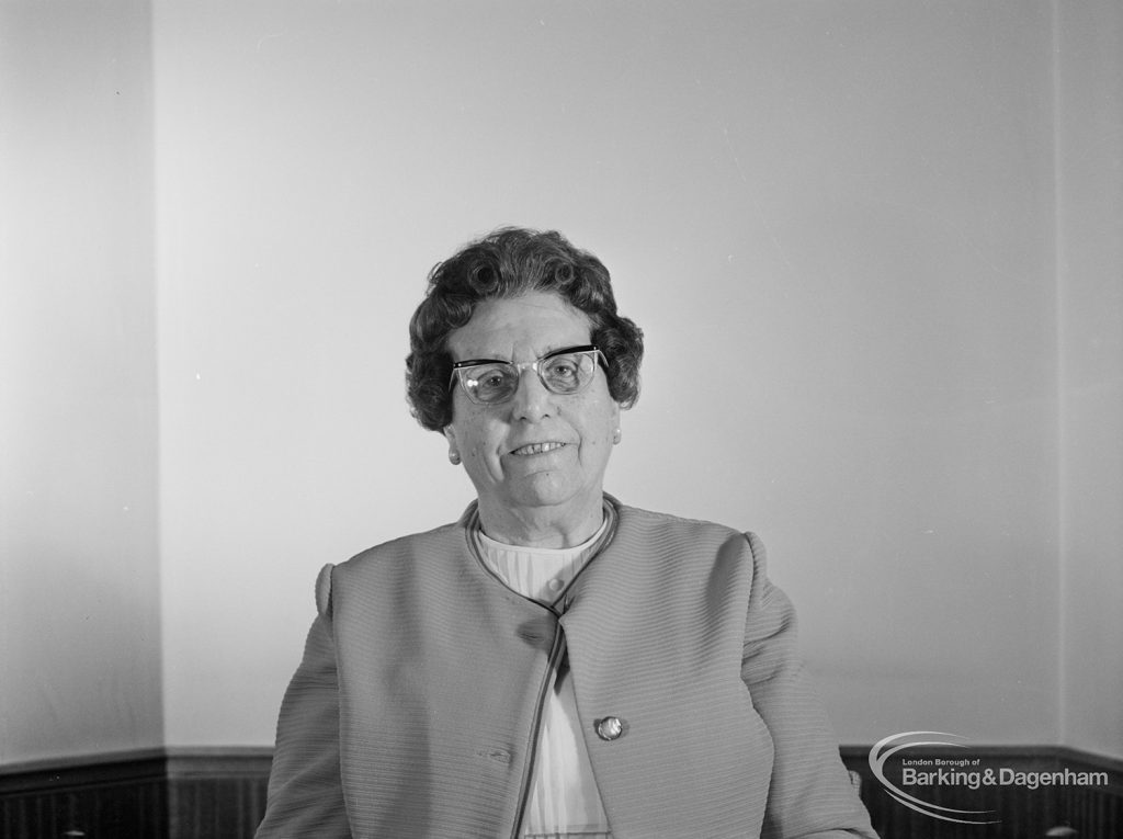 London Borough of Barking Mayor and Corporation members 1971 – 1972 taken at Barking Town Hall, showing Councillor Mrs M Bredo, 1971