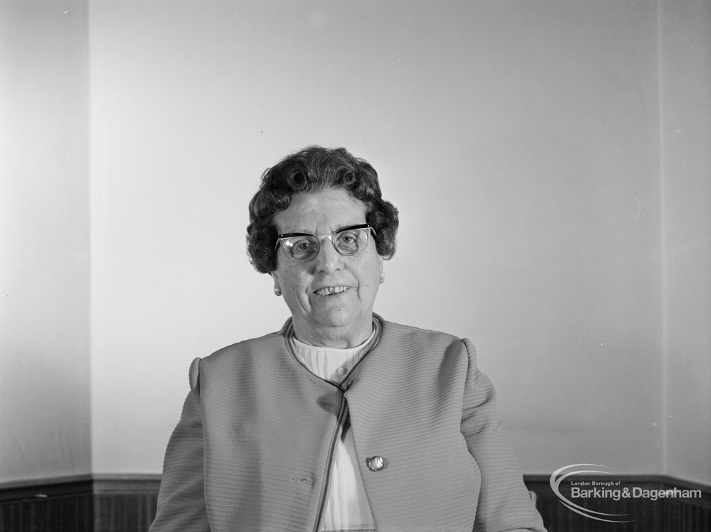 London Borough of Barking Mayor and Corporation members 1971 – 1972 taken at Barking Town Hall, showing Councillor Mrs M Bredo, 1971