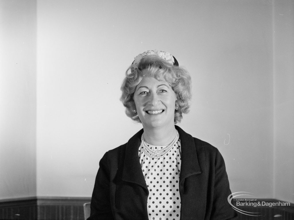 London Borough of Barking Mayor and Corporation members 1971 – 1972 taken at Barking Town Hall, showing Councillor Mrs P D Miller, 1971