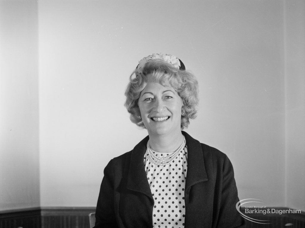 London Borough of Barking Mayor and Corporation members 1971 – 1972 taken at Barking Town Hall, showing Councillor Mrs P D Miller, 1971