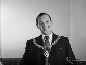 London Borough of Barking Mayor and Corporation members 1971 – 1972 taken at Barking Town Hall, showing His Worship the Mayor, Councillor Matthew J Spencer, 1971