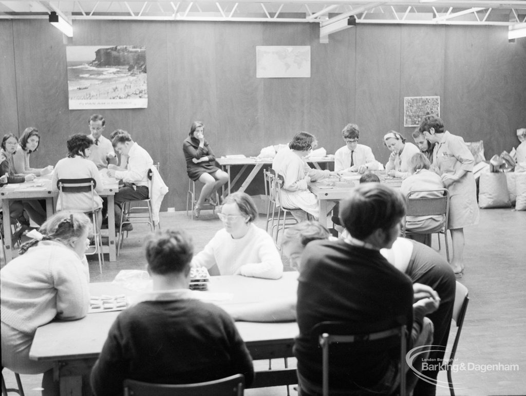 London Borough of Barking Welfare Department, Gascoigne Training Centre for Adults, showing general view of inner hall with work in progress, 1971