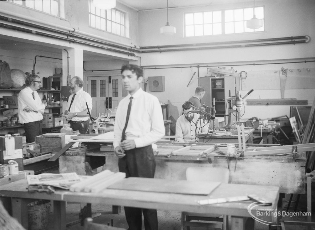 London Borough of Barking Welfare Department, Porters Avenue Occupation Centre, Dagenham, showing men in carpentry room, taken from east, 1971