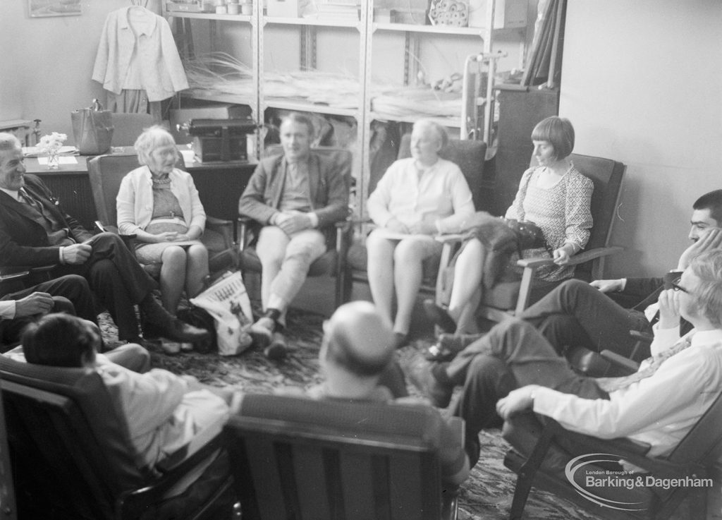 London Borough of Barking Welfare Department, showing members of discussion group [possibly at Porters Avenue Occupation Centre, Dagenham], 1971