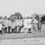 London Borough of Barking Libraries Department performance of play ‘The Knave of Hearts’ in grounds of Fanshawe Library, Dagenham, produced by Mrs Jean Hickman, showing cast of performers, 1971