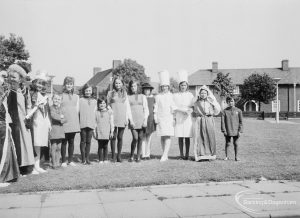 London Borough of Barking Libraries Department performance of play ‘The Knave of Hearts’ in grounds of Fanshawe Library, Dagenham, produced by Mrs Jean Hickman, showing cast of performers, 1971