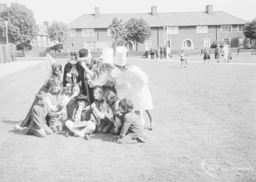 London Borough of Barking Libraries Department performance of play ‘The Knave of Hearts’ in grounds of Fanshawe Library, Dagenham, produced by Mrs Jean Hickman, 1971