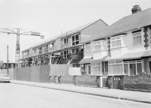 Housing development, showing buildings under construction in Vicarage Road, Dagenham, looking north-west, 1971