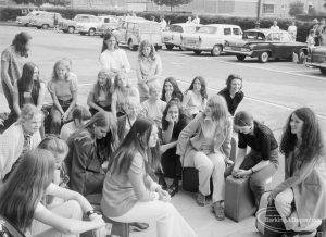 Playleader Scheme Majorettes with luggage outside Civic Centre, Dagenham prior to departure for France for the first International Majorette Competition, 1971
