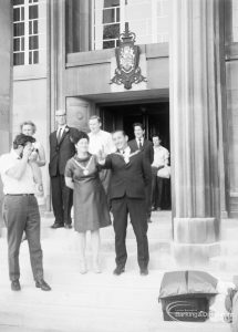 Mayor Councillor Matthew J Spencer, Mayoress Mrs Spencer, and officials outside Civic Centre, Dagenham prior to departure of  Playleader Scheme Majorettes for France for the first International Majorette Competition, 1971