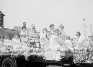 Dagenham Town Show 1971, showing decorated carnival float during judging in Old Dagenham Park, 1971