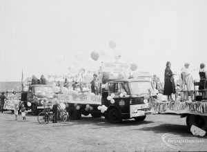 Dagenham Town Show 1971, showing decorated carnival floats during judging in Old Dagenham Park, 1971