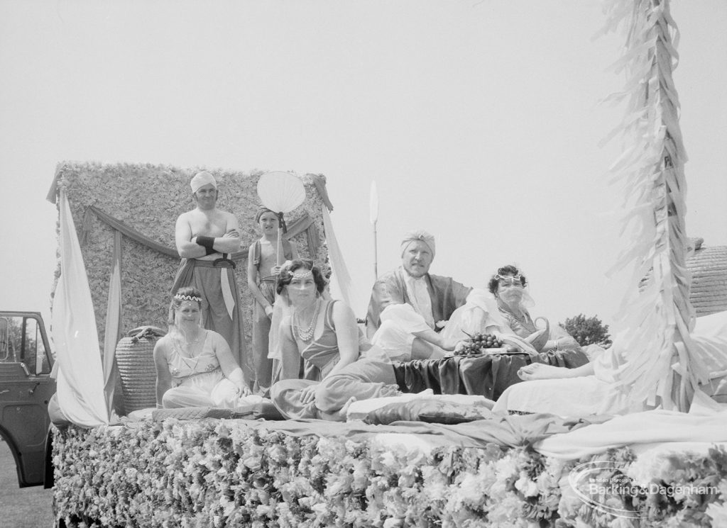 Dagenham Town Show 1971, showing Oriental carnival float during judging in Old Dagenham Park, 1971